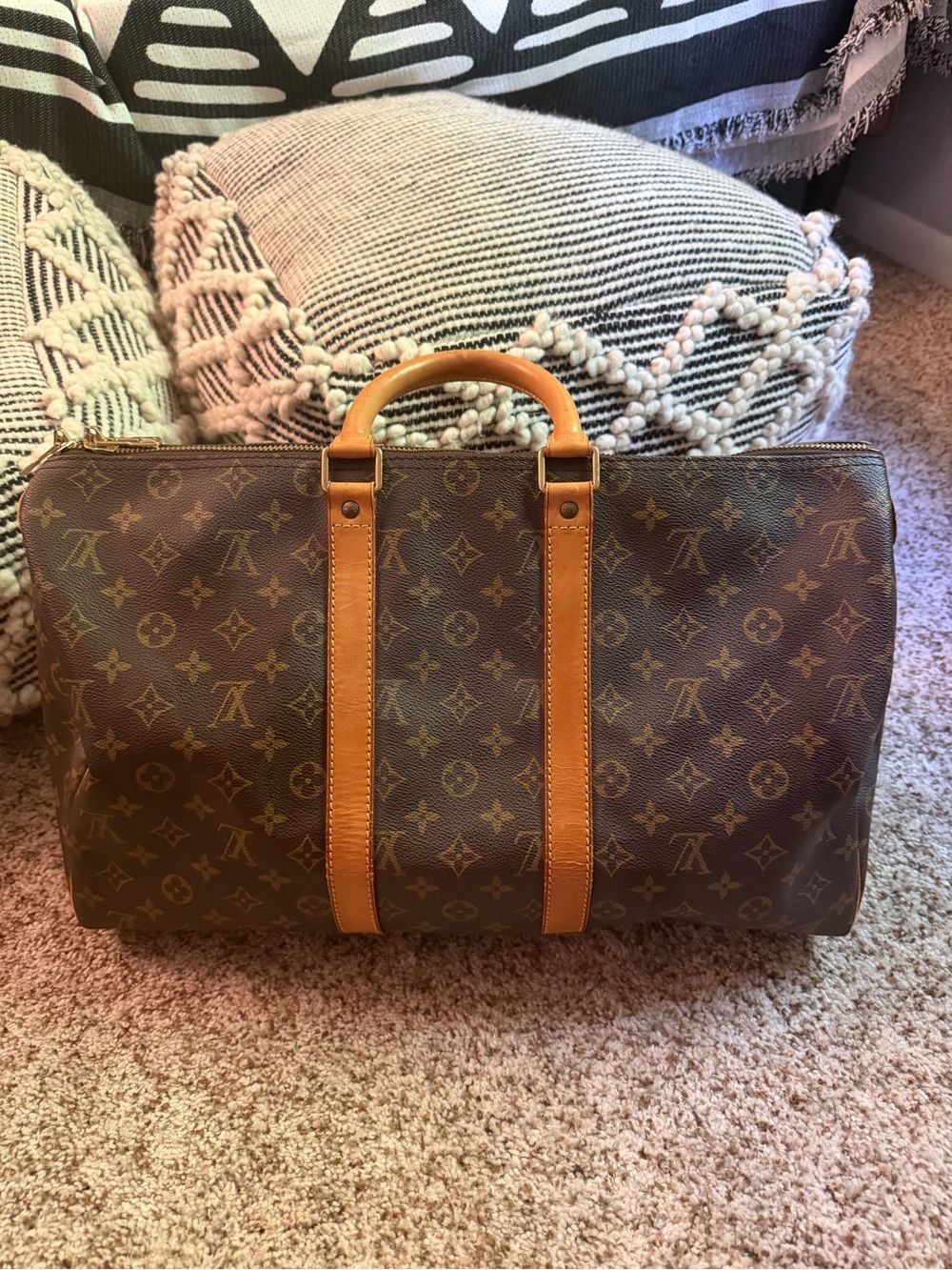 Louis Vuitton Brown Monogram Canvas Duffel with Tan Leather Trim